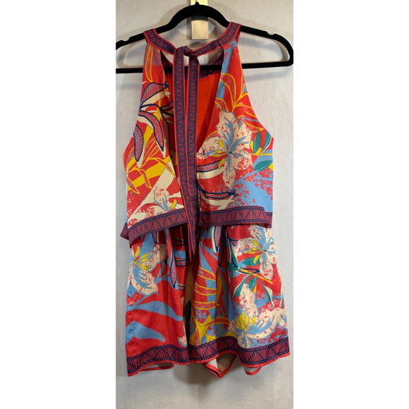 Flying Tomato Womens Multicolored Floral Layered Halter Neck Romper M Tie D7 + - Picture 3 of 6